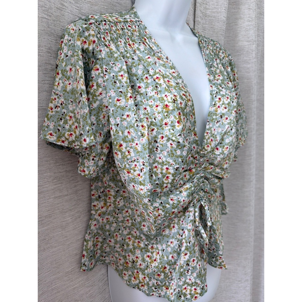 Lucy Paris Floral Ruched V-Neck Blouse Sage Green Ditsy Print Top medium NWT